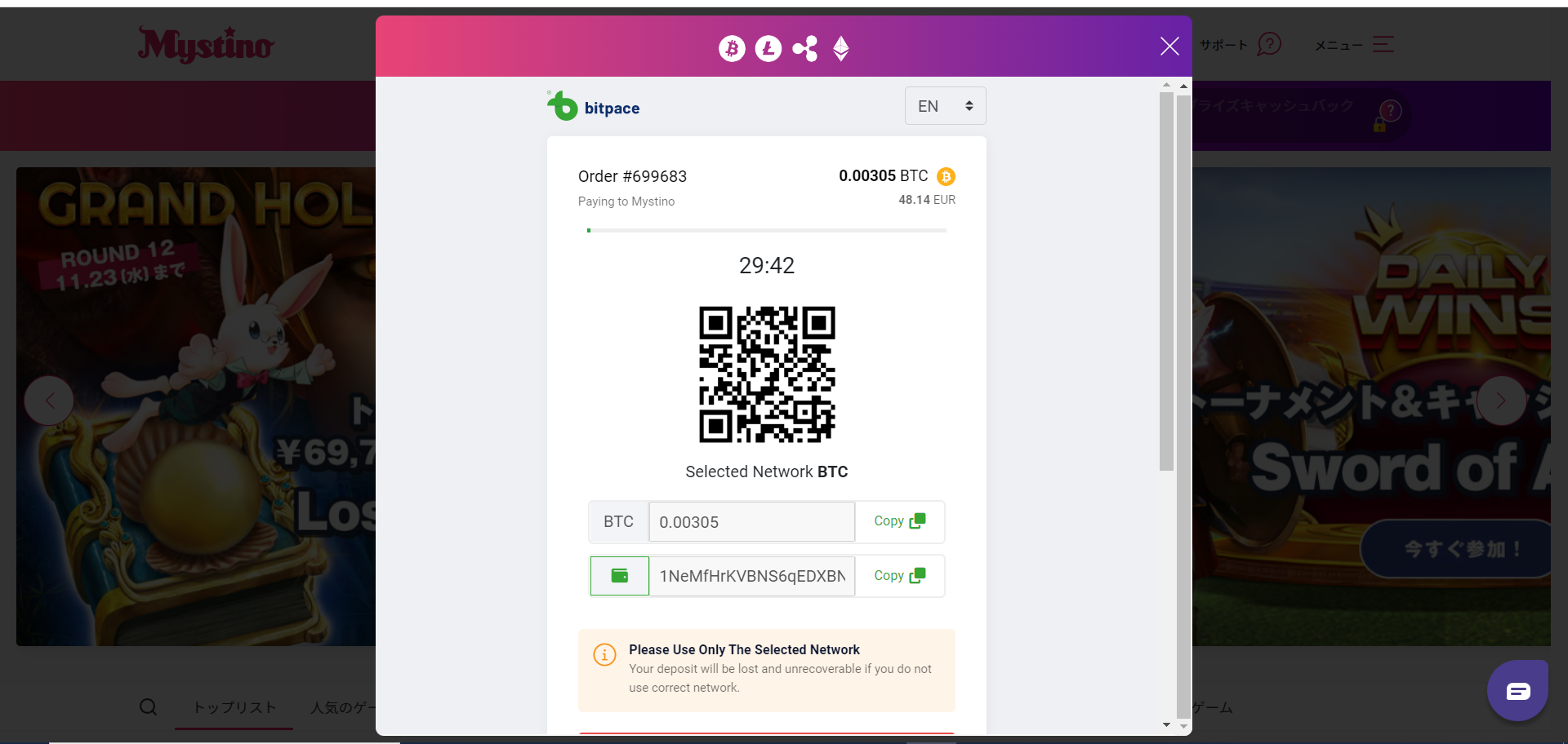 仮想通貨入金方法の一つ「ビットペース」を選択した際の画面|仮想通貨の初心者向けガイド
